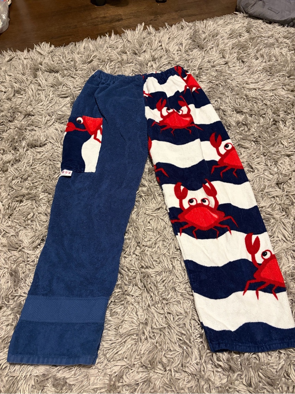 Cozy Kids Navy, White & Red Crab Towel Pants